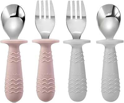 PandaEar 4 Pack Toddler Cutlery Set Stainless Steel U tensils Pink Grey