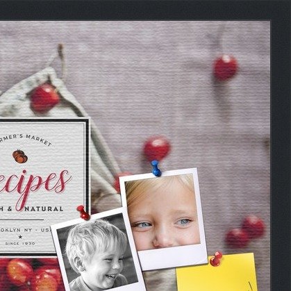 PinPix decorative pin cork bulletin board made from canvas, Recipe Board with Bag of Cherries 24x16 Inches (Completed Size) and framed in Satin Black (PinPix-Group-36)