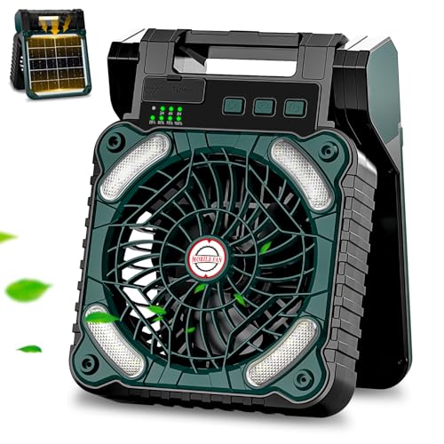 Sendowtek Solar Fan for Camping 10400mAh, Portable Powerful and Quiet 4 Speeds with LED Light and Timer, Rechargeable Battery Fan for Outdoor Tent Camper Travel Table
