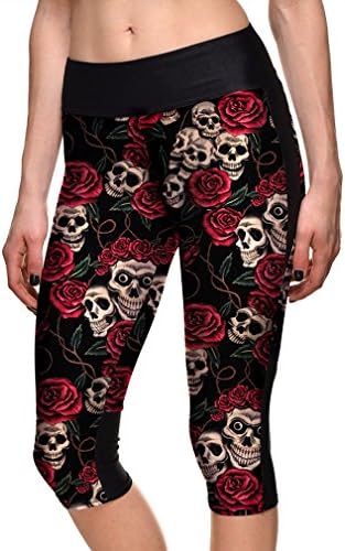 sissycos Women's Retro Printed Sugar Skull Pattern Ankle Length Elastic Tights Leggings (X-Large, Capri-Red Rose)