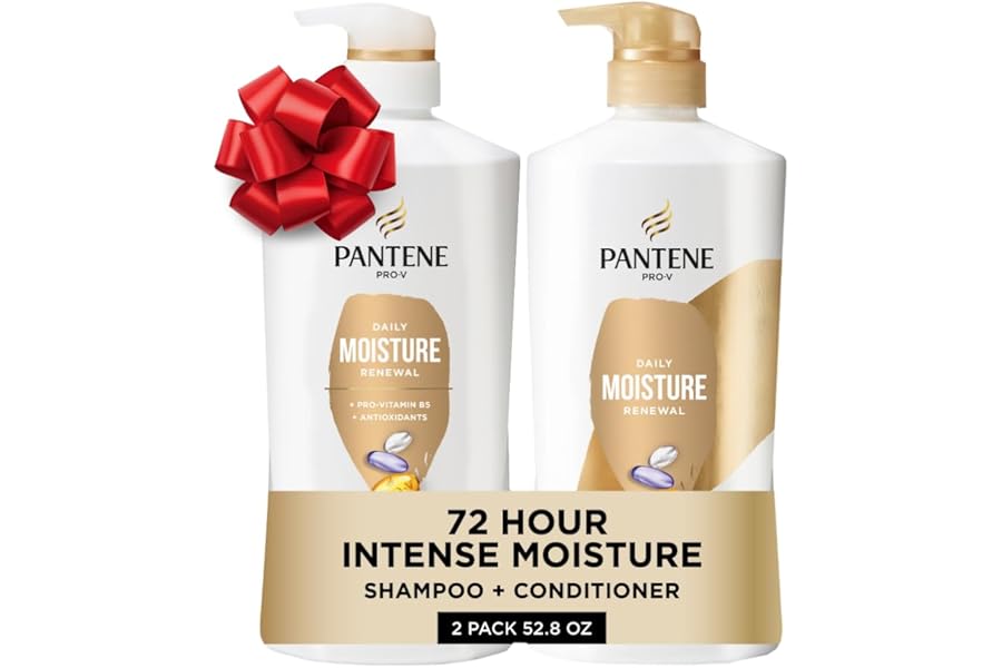 Pantene Shampoo & Conditioner Set, Daily Moisture Renewal – Pro-V Nutrients for Dry, Color-Treated, Straight to Curly Hair, 72-Hour Hydration & Softness, 52.8 Oz Total + Miracle Rescue Shot (0.5 Oz)