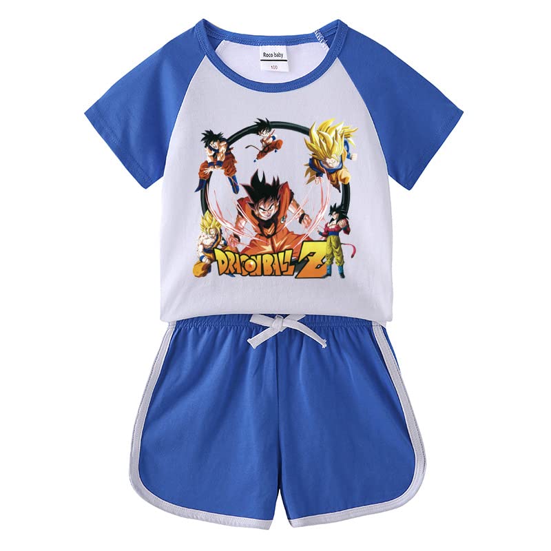 [OUHUAN] ドラゴンボール キッズ パジャマ 子供服 夏服 半袖Ｔシャツ ショートパンツ 上下セット 綿 無地 丸首 赤ちゃん 服 ベビーパジャマ トップス カジュアル ルームウェア 男の子 女の子 人気 仮装 変装 アニメ プリント コスチューム 薄手 吸汗速乾 部屋着 日常着 ファッション 浴衣 通園 通学 寝巻き 普段着 Cosplay 誕生日 プレゼント （ブルー③，140） の商品画像