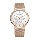 Biden Watch Mens Women Stainless Steel Luxury Business Casual Milanese Mesh Band Wrist Watch Waterproof (RoseWhite)