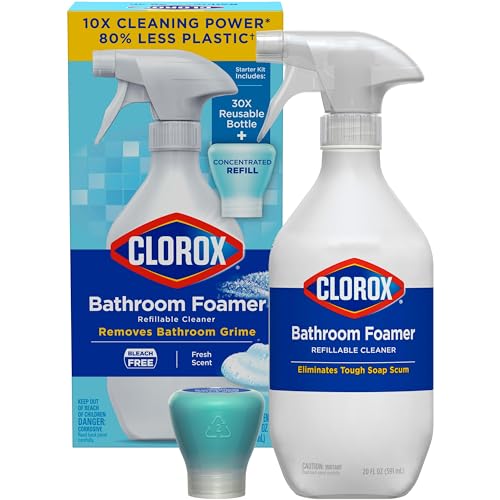 CLOROX BATHROOM FOAMER REFILLABLE CLEANER, HOUSEHOLD ESSENTIALS, 1 BOTTLE AND 1 REFILL, FRESH SCENT, 1.13 FL OZ