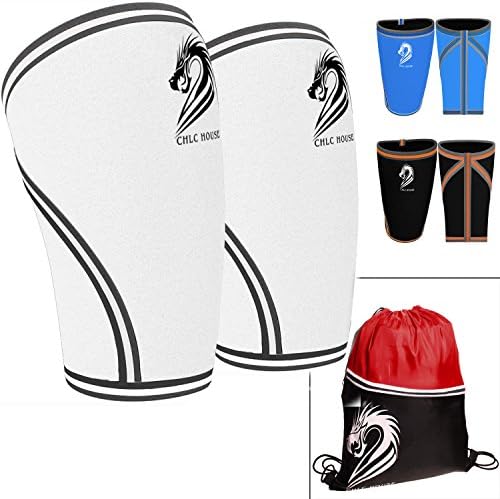 CHLC HOUSE Knee Sleeves (1 Pair) Free Gym Bag - Squat Knee Support &amp; Compression for Powerlifting, Olympic Weightlifting, Crossfit, Bodybuilding - 7mm Neoprene - For Men &amp; Women- S White