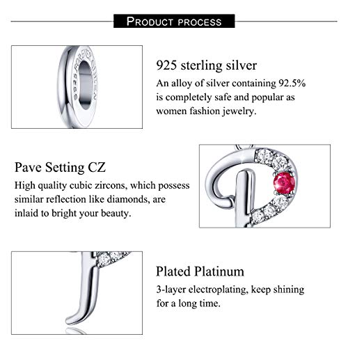 FOREVER QUEEN 925 Sterling Silver P Letter Initial Dangle Beads Charm Red Zircon Alphabet Pendants for Snake Chain Bracelets Necklace Gift Jewelry for Mother - Thumbnail 2