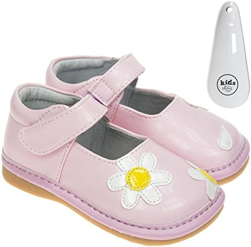 FREYCOO - Girls Toddler Childrens Kids Faux Leather Squeaky Shoes Patent Pink - Wide Fit with Velcro - with Shoe Horn