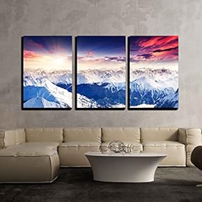 3 Piece Canvas Wall Art - Fantastic Evening Winter Landscape. Colorful Overcast Sky. Austria, Europe. Beauty World - Modern Home Art Stretched and Framed Ready to Hang - 16"x24"x3 Panels