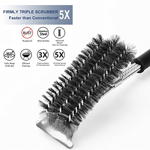 Vestaware Grill Brush with Scraper,BBQ Grill Accessories- 3-In-1 Barbecue Grill Cleaning Brush with Triple Wire Bristles Head to Cleaning Each Corner Fast,Clean Safe & Perfect for All Grills