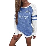 Sumen Teen Girls Long Sleeve Blouse Cute Cat Printing Splice Tops T-Shirt