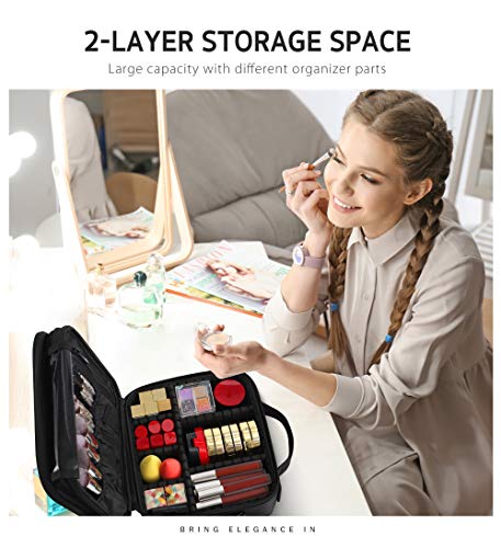 Syntus 2 Layers Travel Makeup Bag with Mirror, Portable Train Cosmetic Case Organizer with Adjustable Dividers Large Capacity for Cosmetic Makeup Brushes Toiletry Jewelry Digital Accessories, Black 3 Syntus 2 Layers Travel Makeup Bag with Mirror, Portable Train Cosmetic Case Organizer with Adjustable Dividers Large Capacity for Cosmetic Makeup Brushes Toiletry Jewelry Digital Accessories, Black