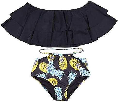 SUBOCA Women's Two Pieces Ruffled Floral Off-shoulder Bikini Tankini High Waisted Swimsuit Set Black L