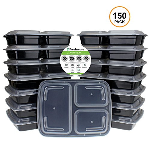 Freshware 150-Pack 3 Compartment Bento Lunch Boxes with Lids - Stackable, Reusable, Microwave, Dishwasher & Freezer Safe - Meal Prep, Portion Control, 21 Day Fix & Food Storage Containers (32oz)