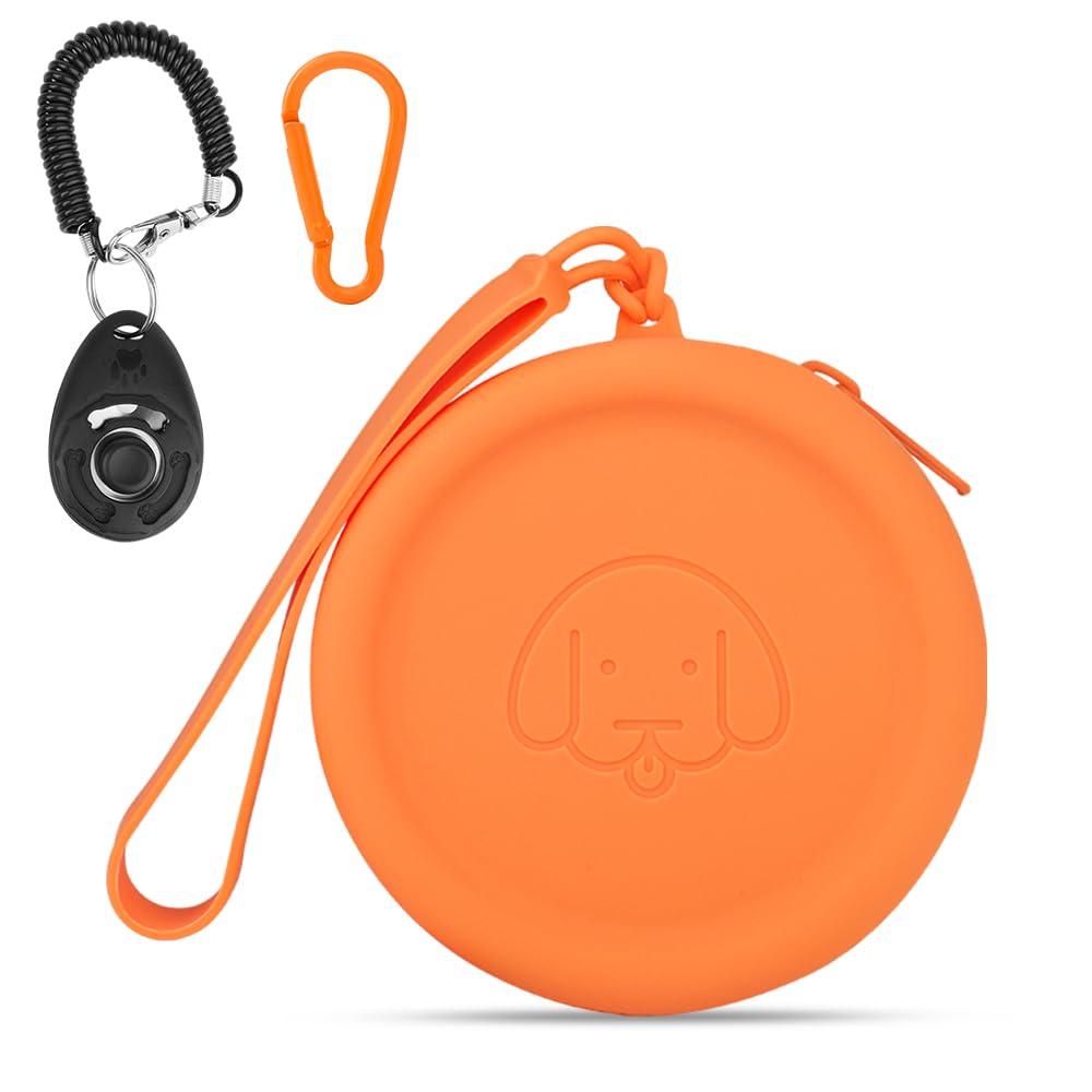 Silicone Dog Treat Pouch Small Bag,with Pet Training Clicker,Walking Bag for Dog and Cat, Pocket Size,Easy to Clean,Odorless,Zipper Design,Moisture-proof,Travel Walking Bag (orange)