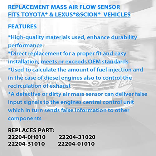 Mass Air Flow Sensor Meter MAF 22204-31020 for Toyota Venza Highlander Matrix Avalon RAV4 Camry Corolla Sienna and Lexus IS F IS250 IS350 ES350 GS350 and Scion xB xD tC,Replace 22204-0H010 22204-31020