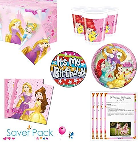 Disney Princess tableware saver pack for 8, 16, 24 or 32 guests - comes with a FREE "It's My Birthday" badge and downloadable party game pack (24 Guests)