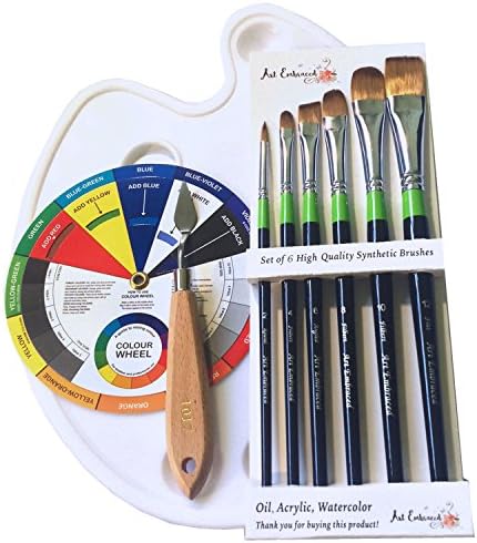 Art Set: Six Artist Quality Brushes and Medium Size Palette Tray with Bonus Palette Knife, and Small Color Wheel. For Professional or Student. Great for Gift Giving.