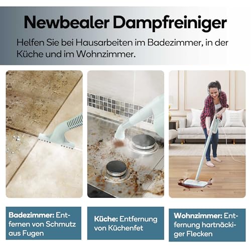Newbealer 2-in-1 Steam Cleaner, 1200 W Handheld Device with Removable Cleaner, 3 Steam Levels, 7 Accessories and 2 Microfibre Pads, Ideal for All Floors, Carpets | 3 adjustable levels for carpet laminate, hardwood grout, carpet gliders, 7 multipurpose accessories and 2 pads, 250ml tank