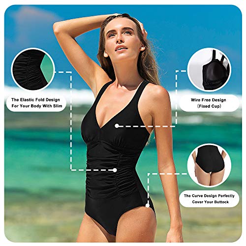 HAIVIDO V Neck One Piece Swimsuits with Ruching Bathing Suits Tummy