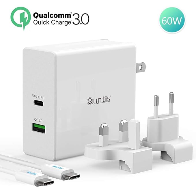 Quntis 60W USB C Ladegerät Power Delivery 3.0+18W Quick Charge 3.0 USB A Port+1,5m USB C-C Kabel, Typ C Netzteil für MacBook,