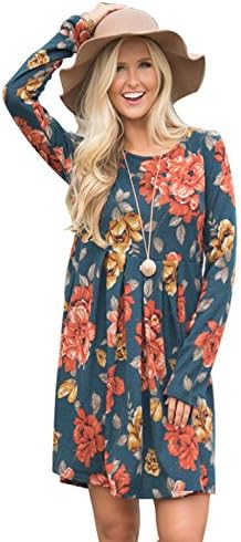 Allfennler Women's Floral Printed Long Sleeve Loose Waist Pleated Swing Knee Length Dress