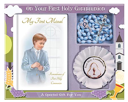 Boys First Holy Communion Hardback Missal, Blue Rosary, Rosette and Prayer Card/Book Mark