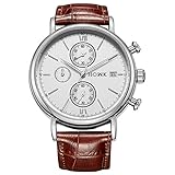 HOWK Men's Chronograph Watches Date Analog Display with Brown Leather Band White Dial