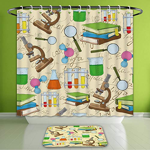 Waterproof Shower Curtain And Bath Rug Set Science Education Lab