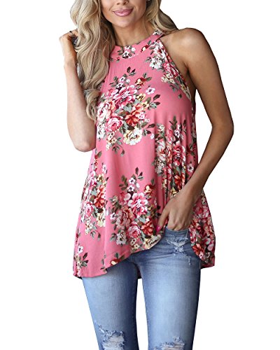 Gogolan Women's High Neck Floral Print Tank Tops Sleeveless Halter Top Casual Shirts,Pink,M