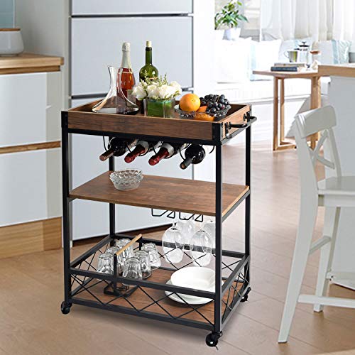 charaHOME Industrial Kitchen Serving Carts Rolling Bar Cart with 3 Tier Storage Shelves Kitchen Island Cart with Wine Glass Holder,Handle Racks,Lockable Caster Liquor Cart Removable Top Box Container