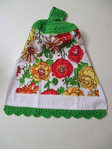 Floral Crochet Top Hanging Kitchen Towel with Decorative Bottom Edge, Summer Flowers