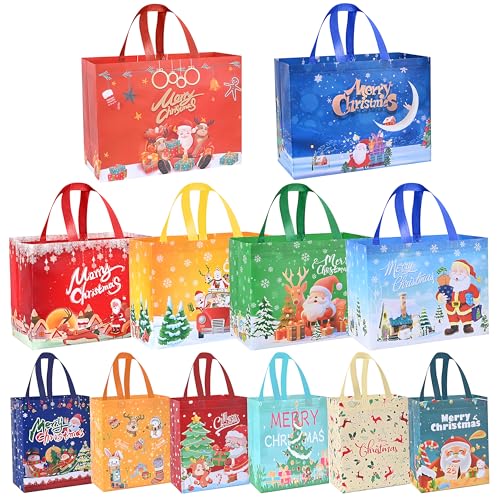 RICEDUO 12 Pack Christmas Gift Bags Assorted Sizes, Reusable Tote Gift Bags Includes 2 Extra Large, 4 Large, 6 Small, Non-Woven Christmas Bags for Xmas Party Favors, Gift Exchange