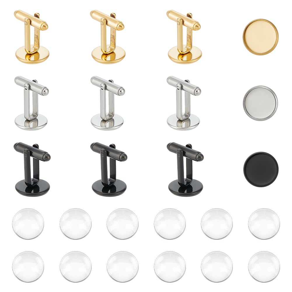 UNICRAFTALE 3 Colors 12 Sets 12mm Blank Dome Cufflinks Making Kit 304 Stainless Steel Golden Cuff Button Round Cabochons Tray Bezel Cufflink Blanks for Apparel Clothes Buttons Making