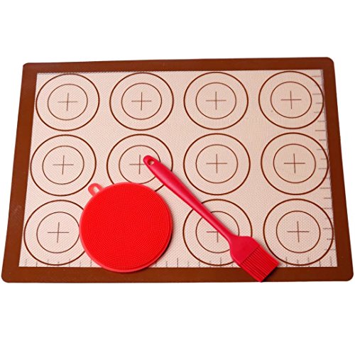 Silicone Baking Mat - Heat Resistant Non-Stick 16" x 11.5" Silicon Liner for Bake Pans & Rolling, Basting/BBQ/Pastry, Free Gift - Dishwashing Brush Scrubber Set