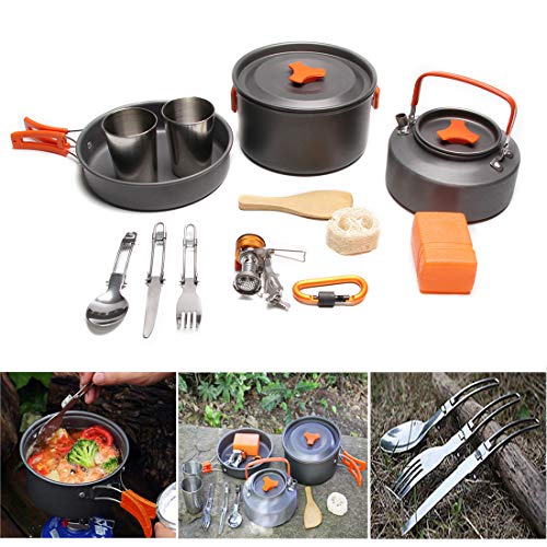 JACKBAGGIO New Aluminum Alloy Portable Outdoor Camping Cookware Sets Teapots Hiking Pots Pans for 2-3 People w/Camping Stove