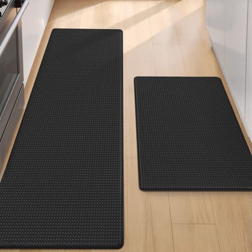Color&Geometry Anti Fatigue Kitchen Mat Set of 2 Piece, Cushioned, Easy to Clean Kitchen Runner Rug for Floor/Sink, Non Skid Waterproof Kitchen Rugs for Long Standing, 17"x29"+17"x59", Black