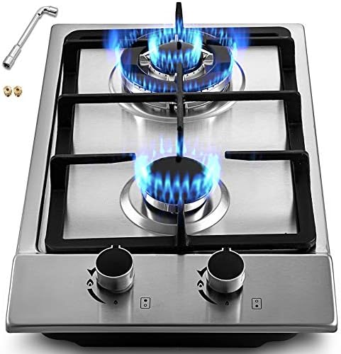 Happybuy 12"x20" Built-in Gas Cooktop 2 Burners LPG/NG Gas Stove Cooktop Stainless Steel Cooktop Gas Hob With Liquid Propane Conversion Kit Thermocouple Protection & Easy To Clean