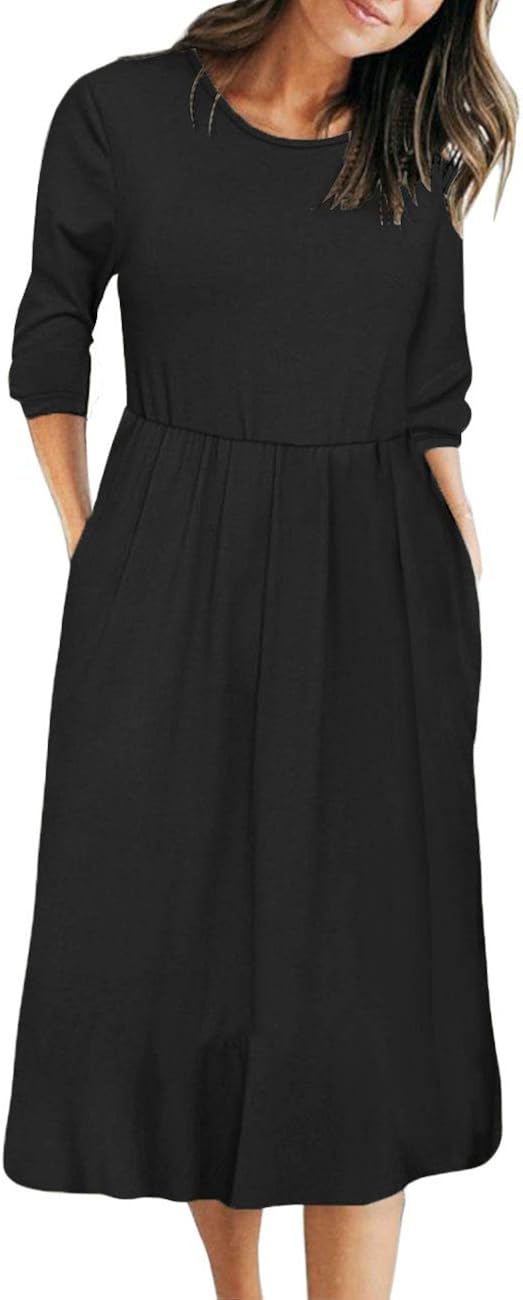 MEROKEETY Women's 3/4 Balloon Sleeve Striped High Waist T Shirt Midi Dress with Pockets