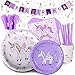 Children’s Unicorn Party Supply Pack, 72 Piece Set Rainbow of Party Supplies Plus Happy Birthday Banner, Purple, Serves 12
