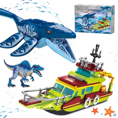 Dinosaur Explorers Ocean Building Set 3 in 1 Compatible with Dinosaur Park World, Boat & Dinosaurs Mosasaurus Spinosaurus with Articulated Joints, Toy Children 6-12 Years Old