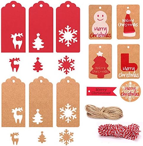 KIPIDA 240 PCS Paper Tags Kraft Gift Tags Hang Labels,Christmas Tree Snowflake Reindeer Shapes with 65.6 Feet Twines String for DIY Arts and Crafts,Christmas and Holiday(12 Styles)