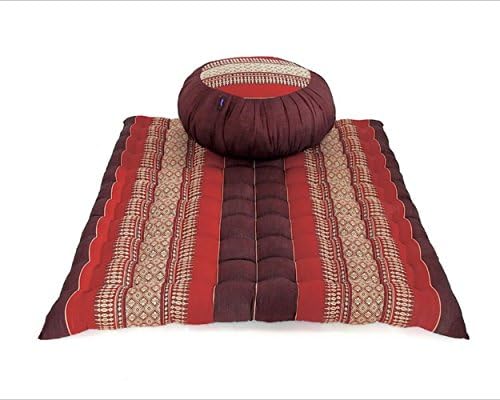 Design by UnseenThailand Meditation Set: Zafu Cushion, Zabuton Mat, Kapok Fabric, 30x28x10 inches. (Dark Red - Red)