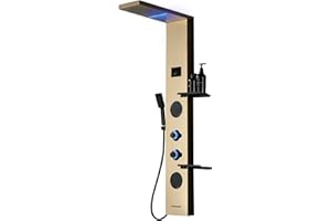 Homevacious 4 In 1 Shower Panel System with Shelf,LED Rain Shower Head and Adjustable Massage Body Jets,3 Functions Handheld Head and Tub Spout,Stainless Steel Bathroom Shower Fixtures,Polished Gold