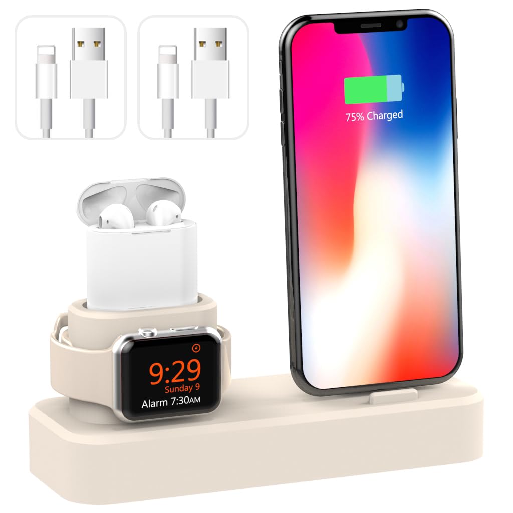 AODUKE 3 in 1 Silicone Charging Stand Dock for iWatch iPhone and Airpods 3/2/1/Pro, Charger Holder Bracket base for iWatch Ultra Series10-1 and iPhone 11/X/8/7/6/5-001-W