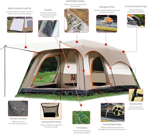 Large Family Standing Upright Camping Tent ，Multi-Room Tent with Screened Porch，Doors and Windows ，Oxford Fabric Waterproof Family Camping Tent for Outdoor,Picnic,Camping