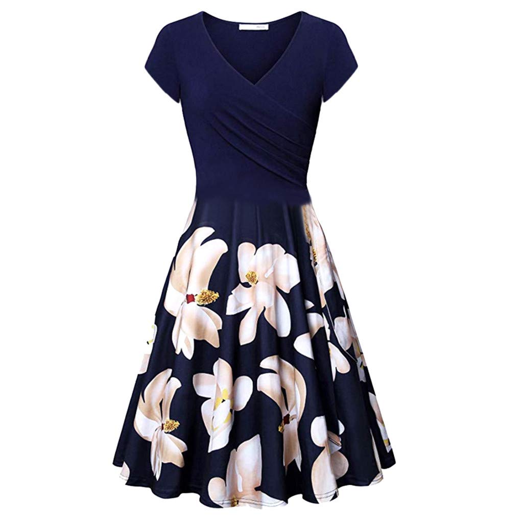 KYLEON Women’s Casual Dress V Neck A Line Cap Sleeve Elegant Mini Tunic Dress Summer Floral Print Short Sundress