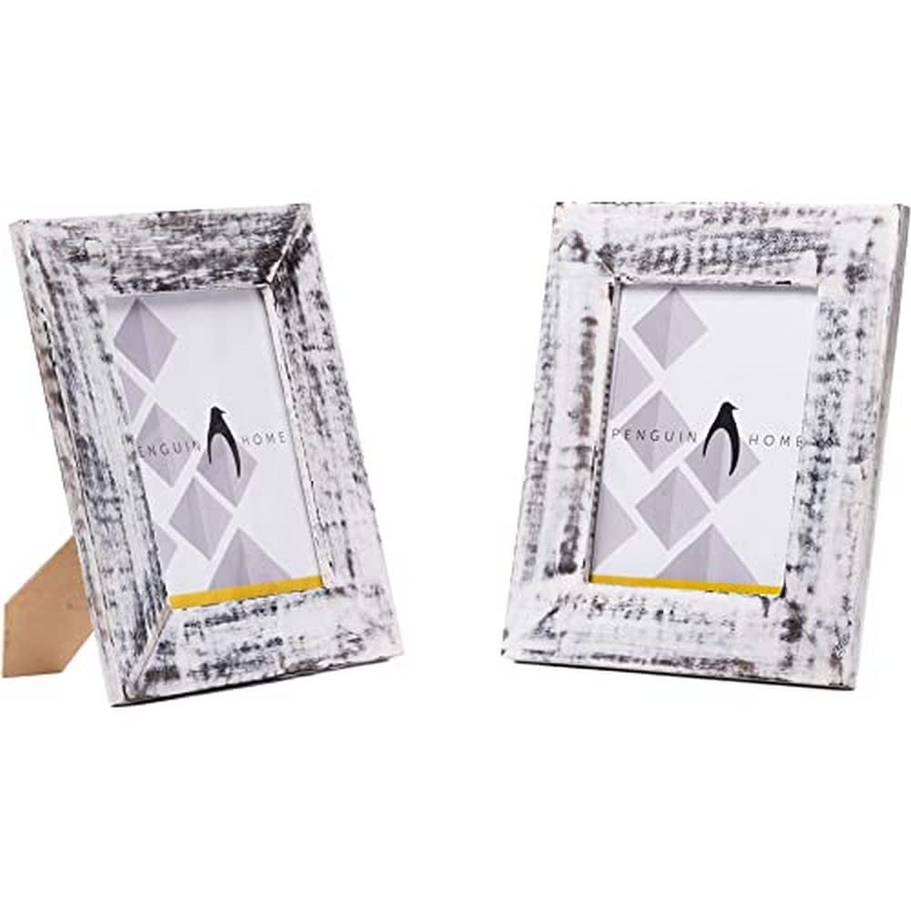Penguin Home Set of 2 Photo Picture Frames-Wood-8" x 6"-Handcrafted Finish, Washed White, (20 x 15 cm)
