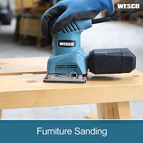 Palm Sander, WESCO 2.0 Amp 1/4 Sheet Sander, 12,000 OPM Corded Finishing Sander with Dust Collector, Punch Plate & 12 Sanding Discs, Vacuum Adapter, Quick Locking System/ WS4151U.1