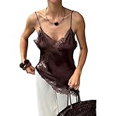 Silk Lace Trim Camisole Tops for Women Satin Asymmetrical Tank Top Backless Lace Patchwork Cami Going Out