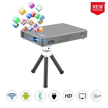 PTVDISPLAY Beamer, Tragbarer Mini 1080P Android 7.1 WiFi Smart Pocket-Videoprojektoren, 100ANSI DLP-Pico-Projektor mit Blueto